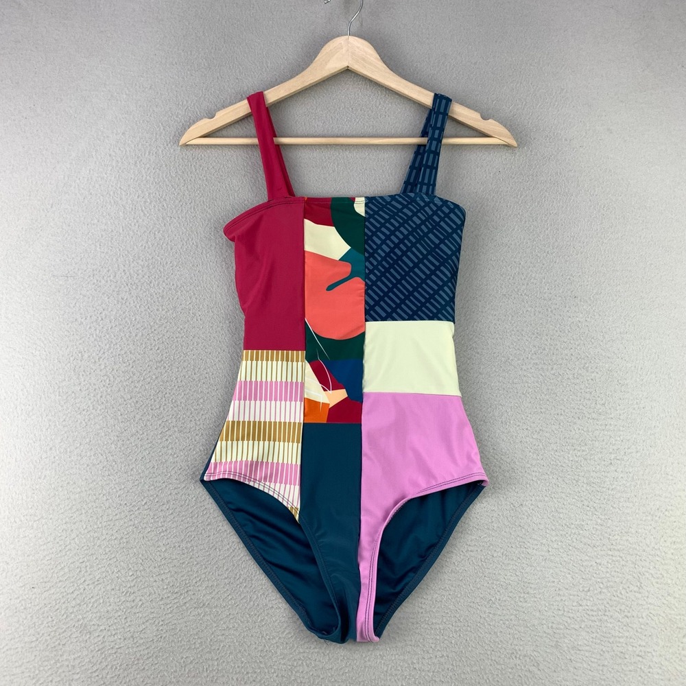Nani‎ Patchwork One Piece Swimsuit Women XS Abstract Geometric Square Neck Beach